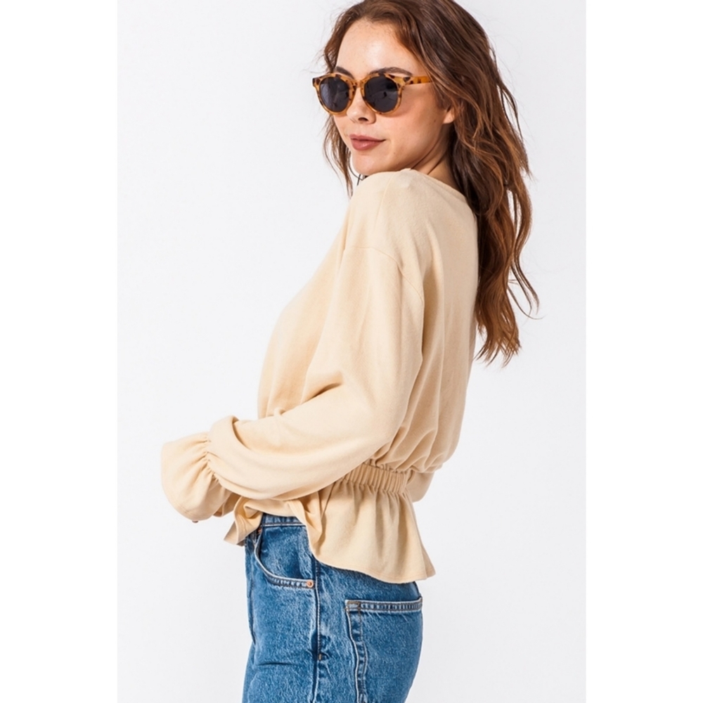 2FOR$30 - Puffy Sleeve Elasticized Waist Cream Blouse, S - Picture 2 of 6